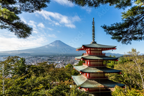 Mt. Fuji and Chureito red pagoda in october, Yamanashi, Japan