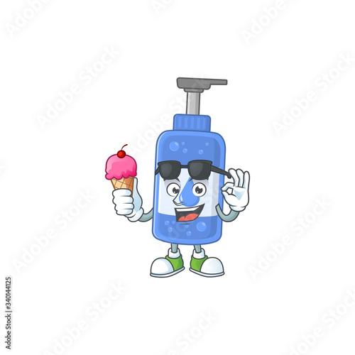 Cute handsanitizer cartoon character enjoying an ice cream