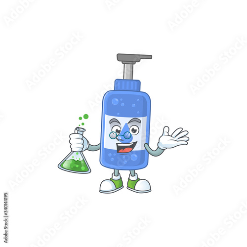 Handsanitizer genius Professor Cartoon character holding glass tube