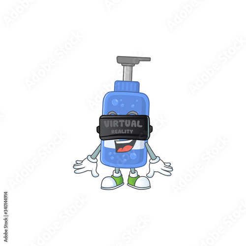 A cartoon mascot of handsanitizer enjoying game with Virtual reality headset