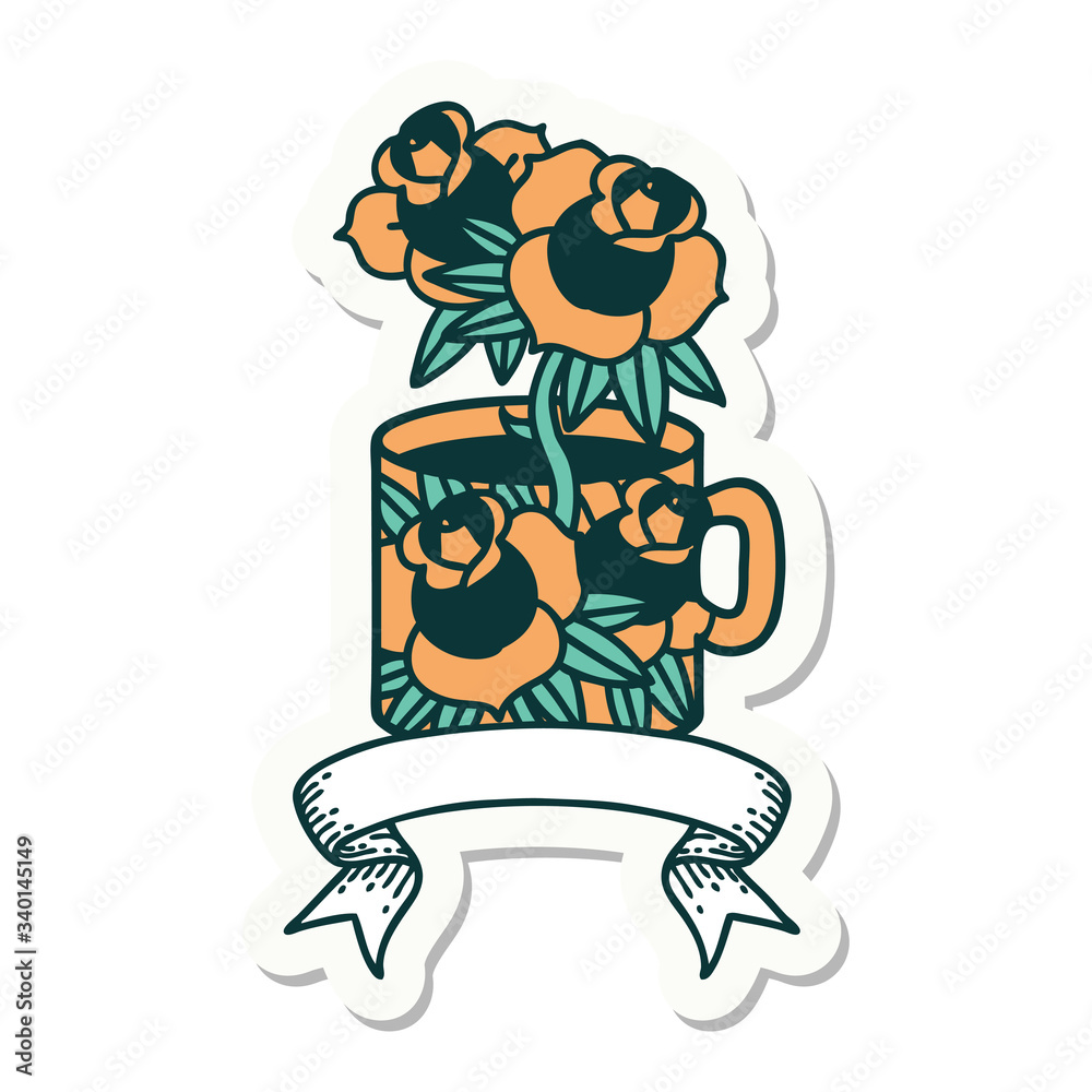 tattoo sticker with banner of a cup and flowers tattoo sticker with banner of a cup and flowers