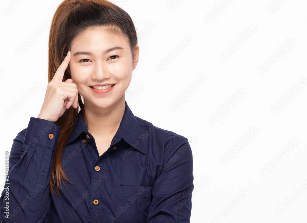 beautiful business Asian woman wearing blue shirt smile thinking to get ideas and business plan with happiness and confident feeling,Isolated on white,Positive emotional beautiful business Asian woman wearing blue shirt smile thinking to get ideas and business plan with happiness and confident feeling,Isolated on white,Positive emotional