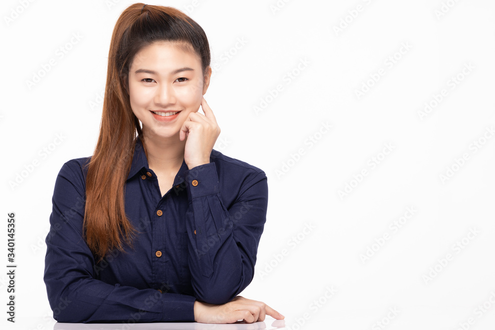 beautiful business Asian woman wearing blue shirt smile with happiness and confident feeling,Isolated on white,Positive emotional beautiful business Asian woman wearing blue shirt smile with happiness and confident feeling,Isolated on white,Positive emotional