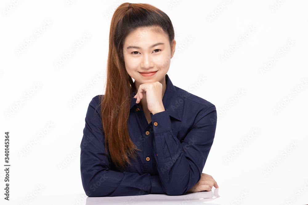 beautiful business Asian woman wearing blue shirt smile with happiness and confident feeling,Isolated on white,Positive emotional beautiful business Asian woman wearing blue shirt smile with happiness and confident feeling,Isolated on white,Positive emotional