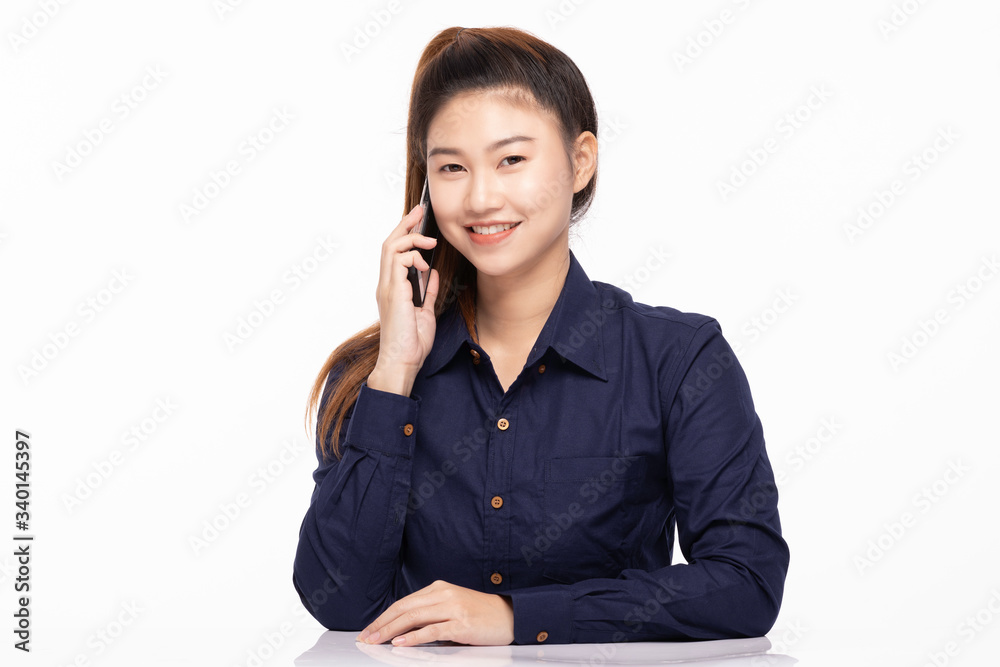 beautiful business Asian woman wearing blue shirt smile talking in smartphone to get ideas and business plan with customer happiness and confident feeling,Isolated on white,Positive emotional beautiful business Asian woman wearing blue shirt smile talking in smartphone to get ideas and business plan with customer happiness and confident feeling,Isolated on white,Positive emotional