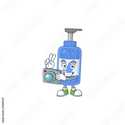 Handsanitizer photographer mascot design concept using an expensive camera