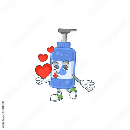 An adorable cartoon design of handsanitizer holding heart