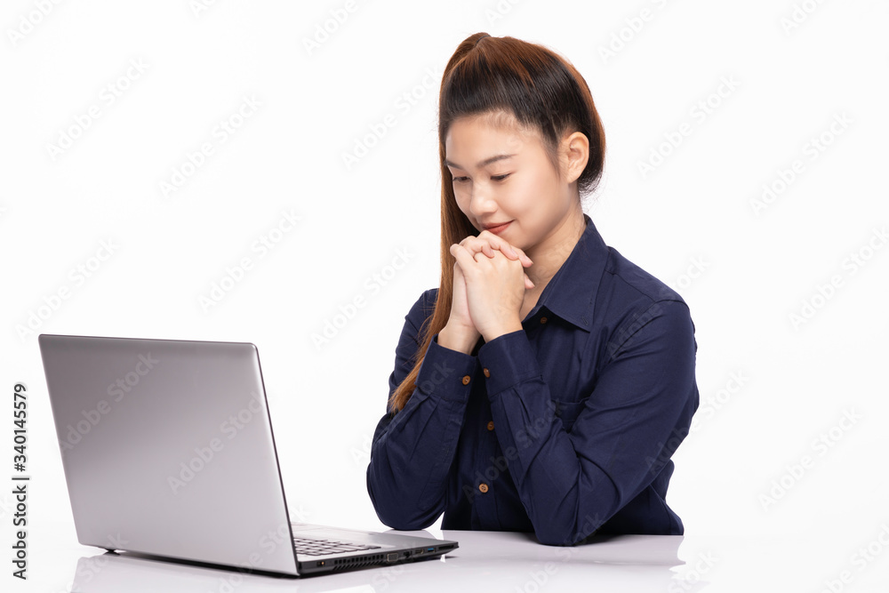 beautiful business Asian woman wearing blue shirt smile with working laptop so happiness and confident feeling,Isolated on white,Positive emotional beautiful business Asian woman wearing blue shirt smile with working laptop so happiness and confident feeling,Isolated on white,Positive emotional