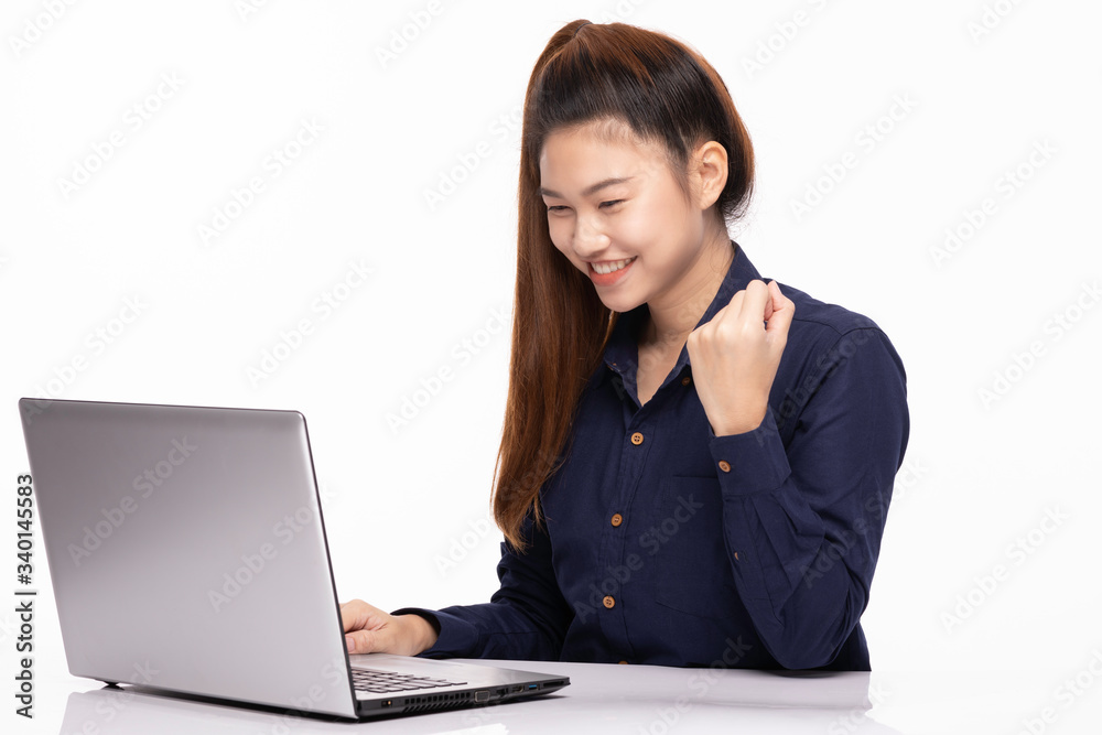 beautiful business Asian woman wearing blue shirt smile celebrating with Computer laptop after get the deal happiness and confident feeling,Isolated on white,Positive emotional beautiful business Asian woman wearing blue shirt smile celebrating with Computer laptop after get the deal happiness and confident feeling,Isolated on white,Positive emotional