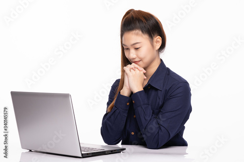 beautiful business Asian woman wearing blue shirt smile with working laptop so happiness and confident feeling,Isolated on white,Positive emotional