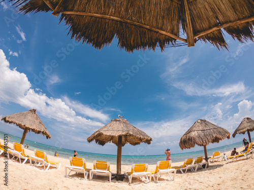 Fototapeta Naklejka Na Ścianę i Meble -  Straw beach umbrellas, white and yellow beach chairs, and the caribbean beach on a sunny day, Playa Paraíso, Mexico
