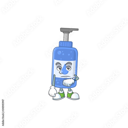 Handsanitizer with waiting gesture cartoon mascot design concept