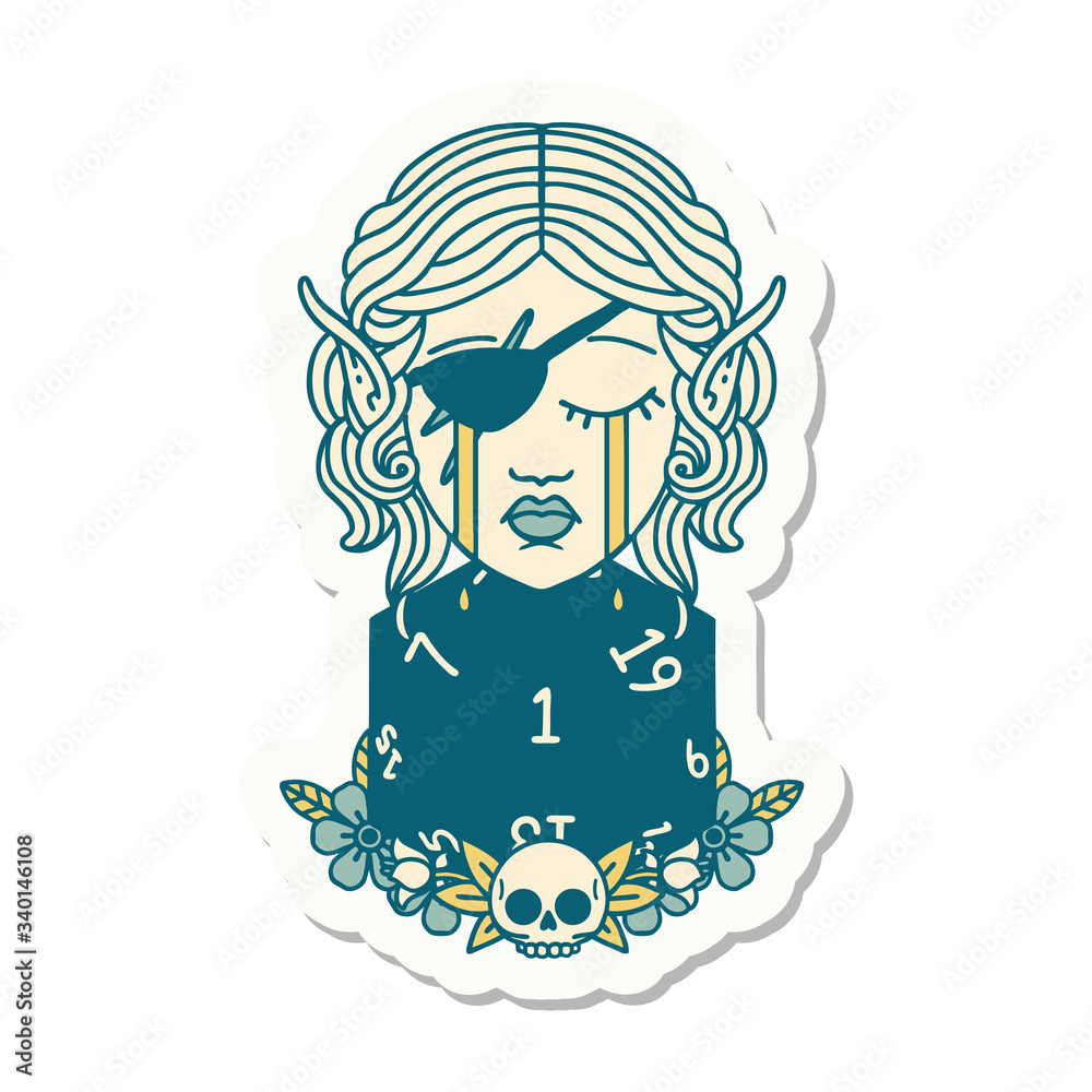 crying elf rogue character face with natural one D20 roll sticker crying elf rogue character face with natural one D20 roll sticker