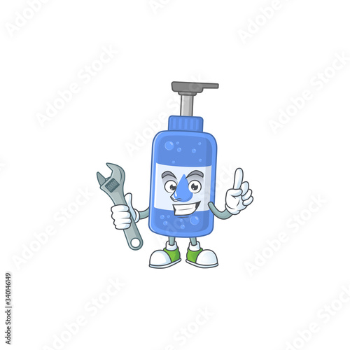 A mechanic handsanitizer mascot character fix a broken machine