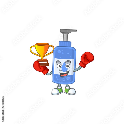 Proudly face of boxing winner handsanitizer presented in cartoon character design