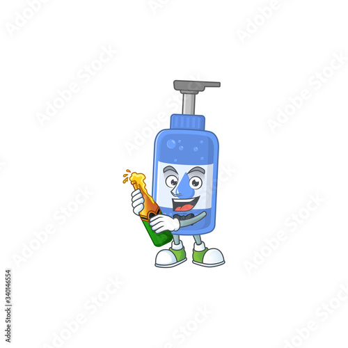 Mascot cartoon design of handsanitizer making toast with a bottle of beer