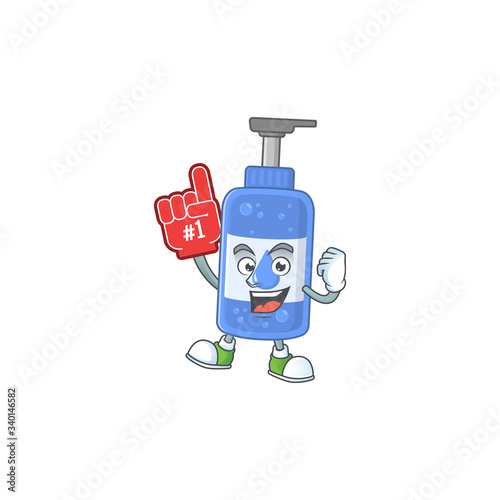 Cartoon character concept of handsanitizer holding red foam finger