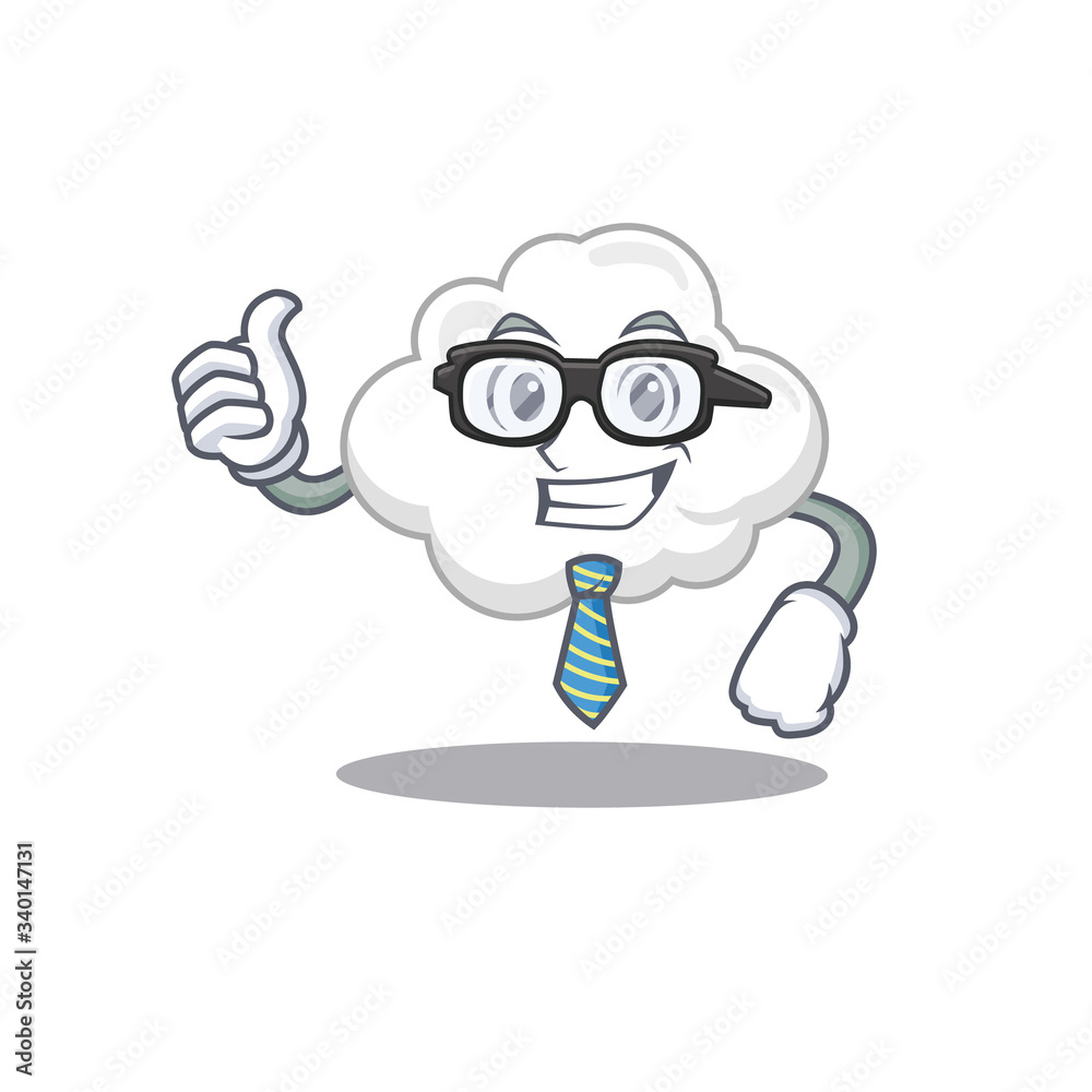 An elegant white cloud Businessman mascot design wearing glasses and tie