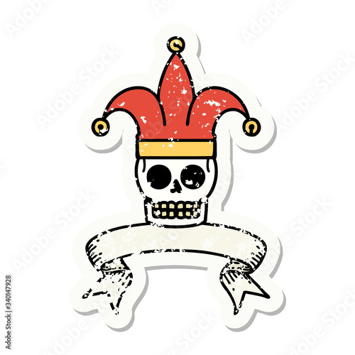 grunge sticker with banner of a skull jester