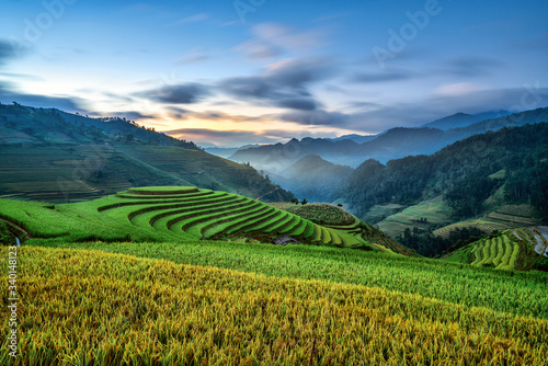 Tableau sur toile Beautiful step of rice terrace paddle field in sunset and dawn at Mam Xoi hill, Mu Cang Chai, Vietnam