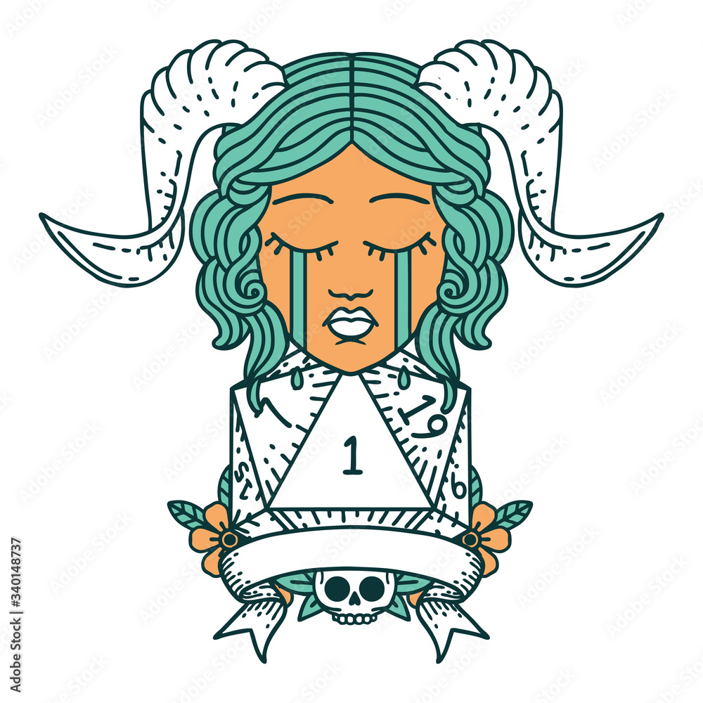 crying tiefling face with natural 1 D20 Dice illustration crying tiefling face with natural 1 D20 Dice illustration