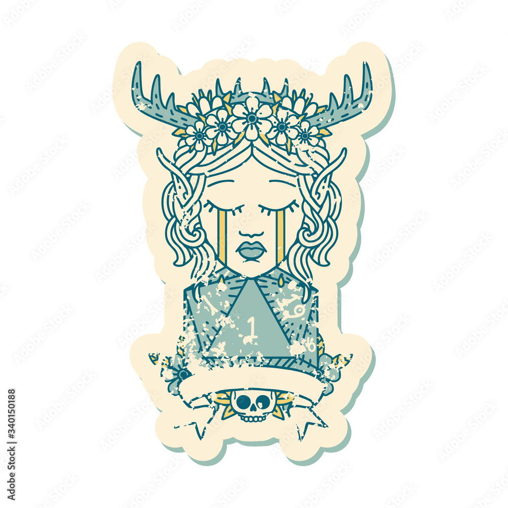 sad elf druid character face with natural one D20 roll illustration sad elf druid character face with natural one D20 roll illustration
