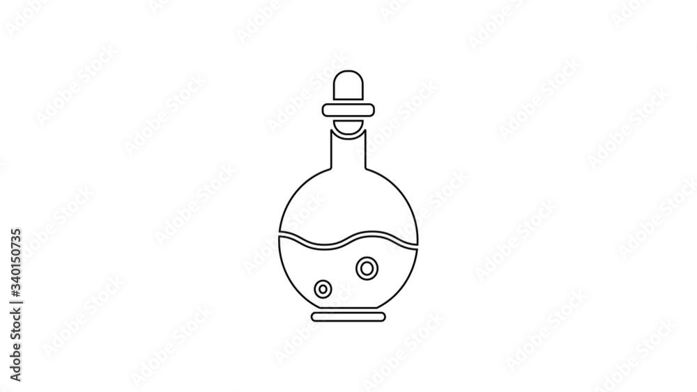 Black line Glass bottle with magic elixir icon isolated on white background. Computer game asset. 4K Video motion graphic animation Black line Glass bottle with magic elixir icon isolated on white background. Computer game asset. 4K Video motion graphic animation