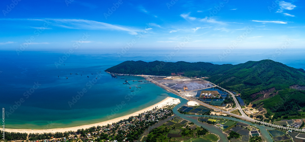 Aerial view of Chan May bay and beach, harbor, Hue, Vietnam. Panorama