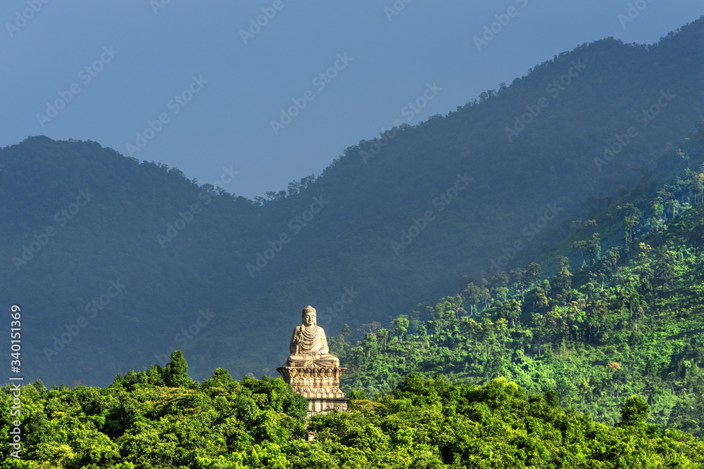 Aerial view of Truc Lam Bach Ma monastery in Truoi lake, Bach Ma mountain, Hue, Vietnam. Same Truc Lam Yen Tu near Ha Long, Quang Ninh. Panorama