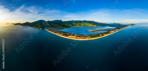 Aerial view of Lang Co bay and beach, Hai Van pass, Lap An lagoon, Hue, Vietnam. Panorama