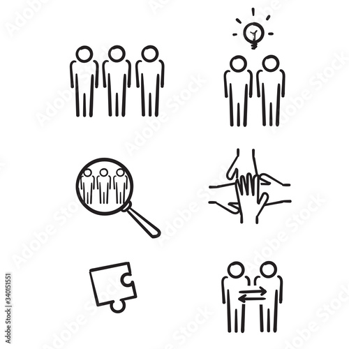 hand drawn Simple Set of Team Work Related Vector Line Icons. Contains such Icons as Cooperation, Collaboration, Team Meeting.doodle