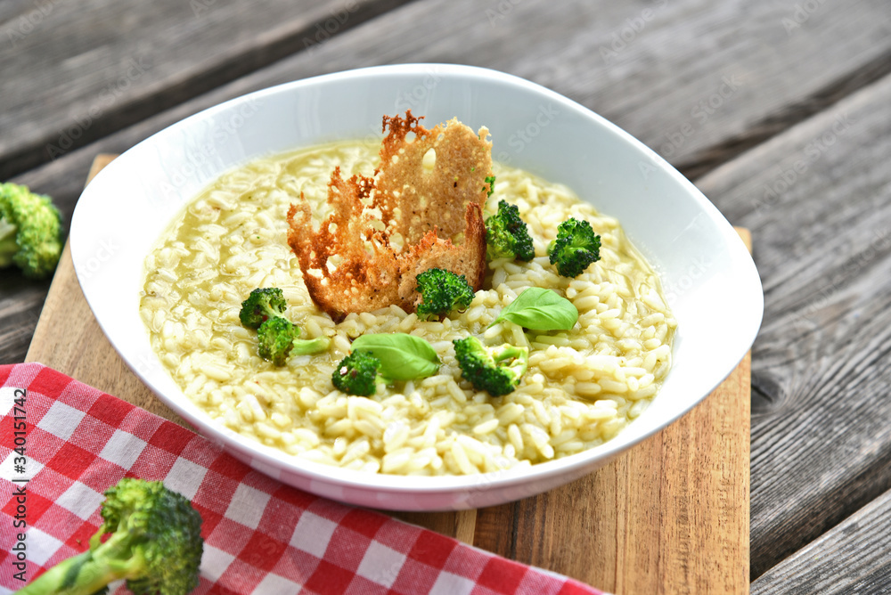 Broccoli Risotto topping with broccoli and rye bread grill. Broccoli Risotto topping with broccoli and rye bread grill.