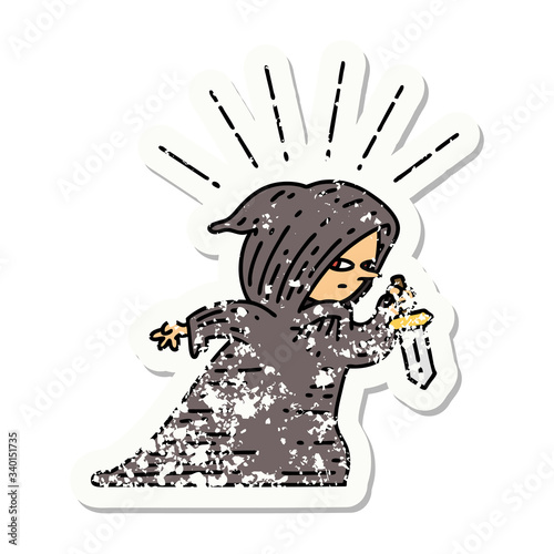 grunge sticker of tattoo style assassin with knife
