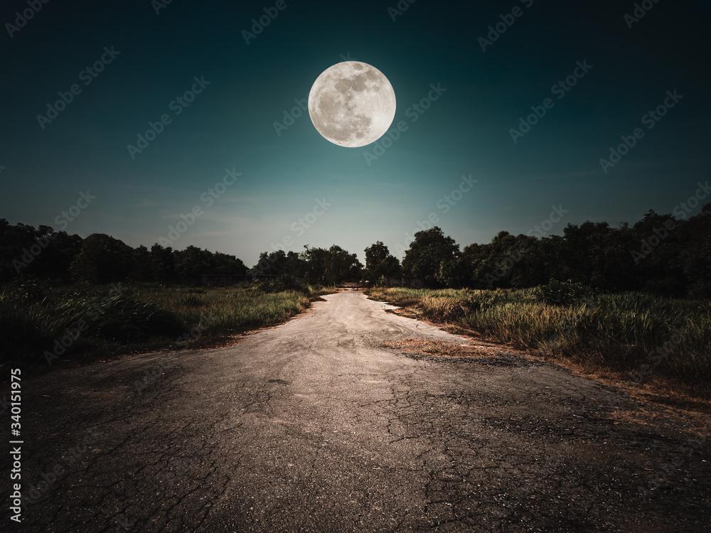 Landscape of night sky and bright full moon. Asphalt road leading into the forest at night. Serenity background.