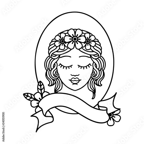 black linework tattoo with banner of a maiden with eyes closed