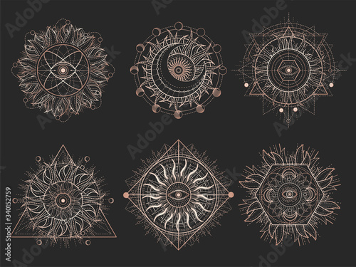 Vector set of Sacred symbols and geometry figures on black background. Gold abstract signs. 