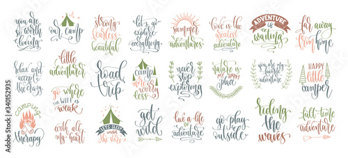 set of 25 hand lettering inscription posters about travel adventure, positive quotes