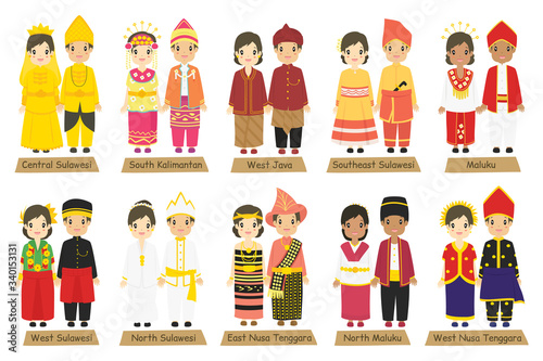 Indonesian couples wearing Indonesian traditional clothes cartoon vector collection. Indonesia traditional dress vector set