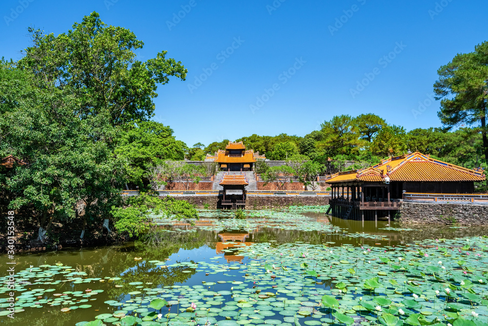 Naklejka premium Aerial and general view of Vietnam ancient Tu Duc royal tomb and Gardens Of Tu Duc Emperor near Hue, Vietnam. A Unesco World Heritage Site