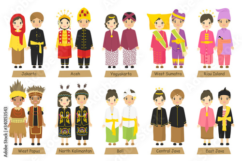 Indonesian couples wearing Indonesian traditional clothes cartoon vector collection. Indonesia traditional dress vector set photo