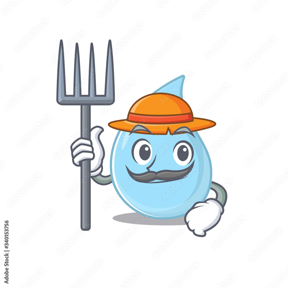Fototapeta premium Cartoon character design of raindrop as a Farmer with hat and pitchfork