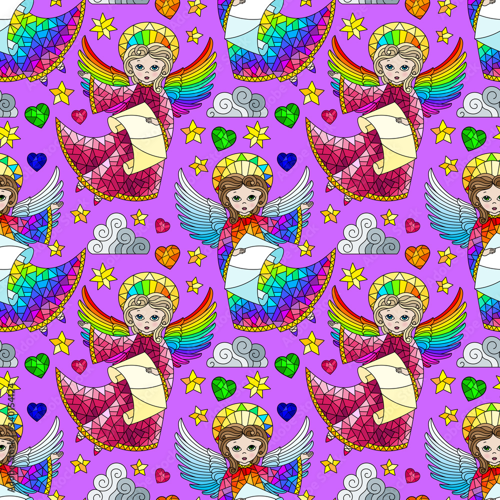 Seamless pattern on the theme of Valentine's day, cute angels and hearts on a purple background Seamless pattern on the theme of Valentine's day, cute angels and hearts on a purple background