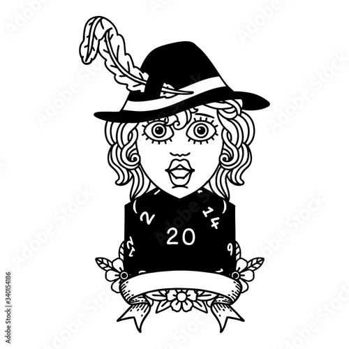 human bard character with natural 20 dice roll illustration