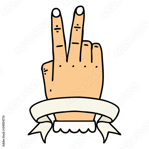 victory v hand gesture with banner illustration