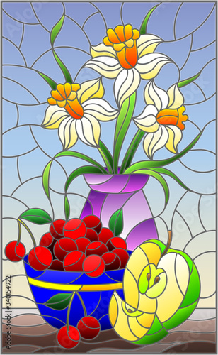 Illustration in stained glass style with still life , a bouquet of daffodils in a vase and fruit in a bowl on a table on a blue background
