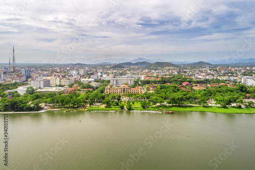 Aerial view of Hue city  Vietnam. Beauty Huong river in Hue City  Vietnam. People s Committee of Hue 