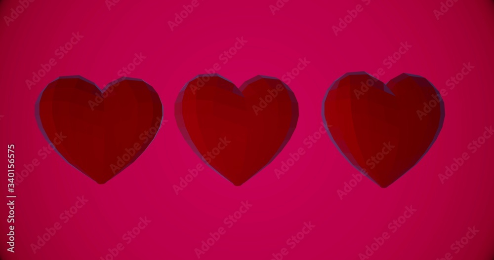 Romantic pattern with polygonal red hearts. For Valentine's Day event. Loop animation 4k. 3D rendering 3D illustration