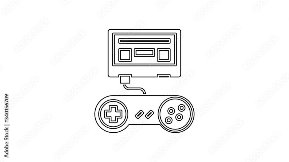 Black line Video game console with joystick icon isolated on white background. 4K Video motion graphic animation Black line Video game console with joystick icon isolated on white background. 4K Video motion graphic animation