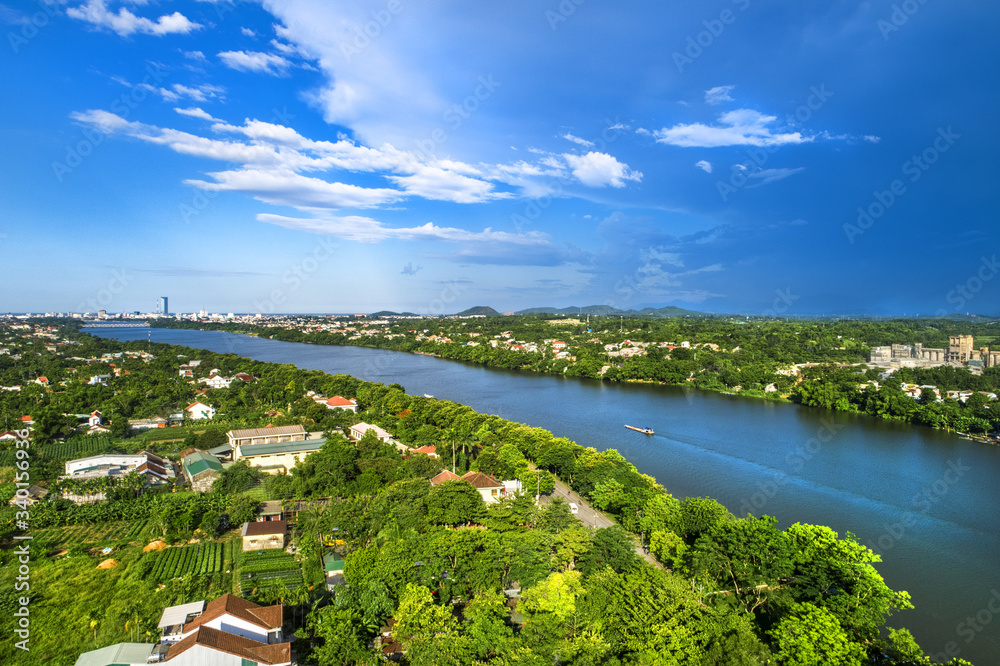 Aerial view of Hue city, Vietnam. Beauty Huong river in Hue City, Vietnam.