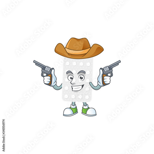 A cowboy cartoon character of pills holding guns